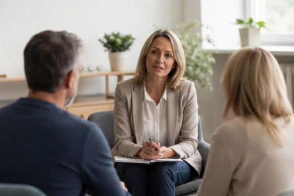 Couple discussing financial arrangement , pensions in divorce Colchester